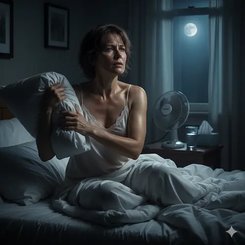 mujer sufriendo calores en su cama por la menospausia.