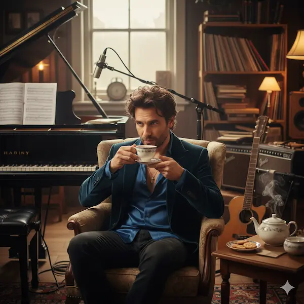 cantante en sala de musica tomando un te.