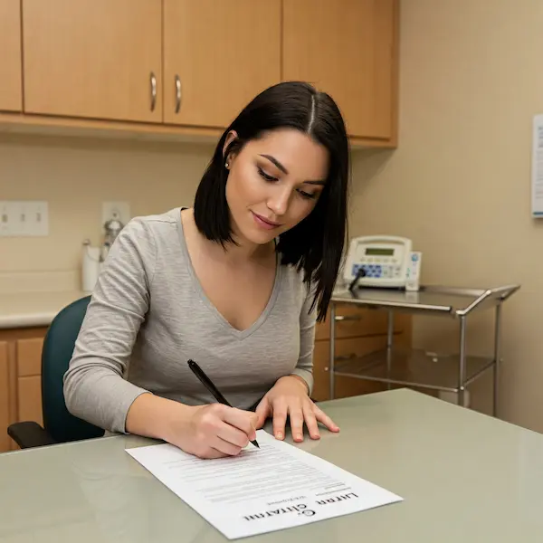 mujer firmando un formulario de papel.