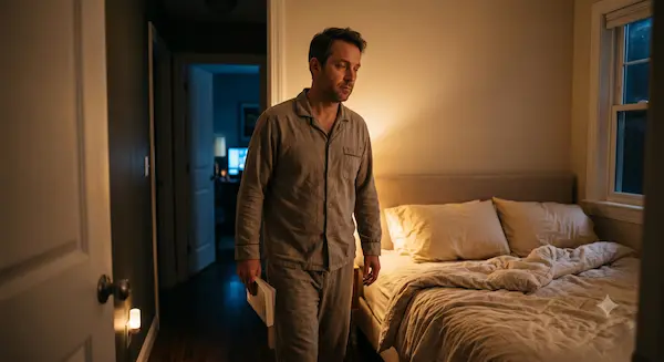 Persona levantándose de la cama por la noche