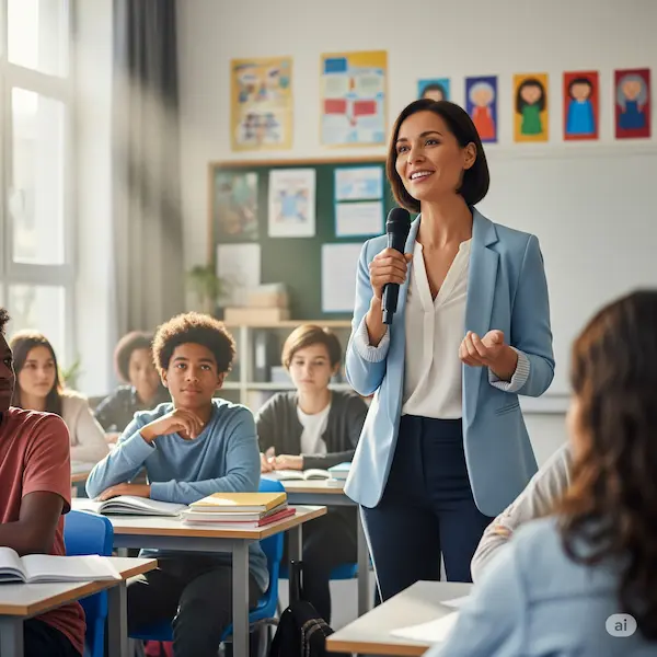 mujer hablando ante una clase con alumnos con un microfono