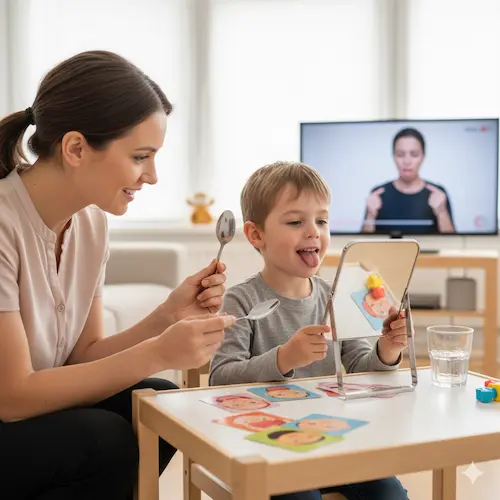 Niño realizando ejercicios con la lengua