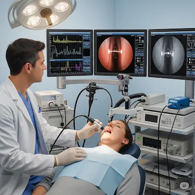médico efectuando una estroboscopia.
