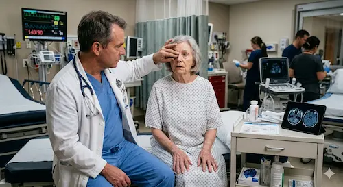 Medico examinando los ojos de un paciente en sala de urgencias.