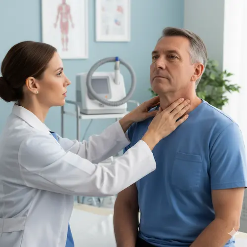 medica palpando el cuello de un paciente en el consultorio