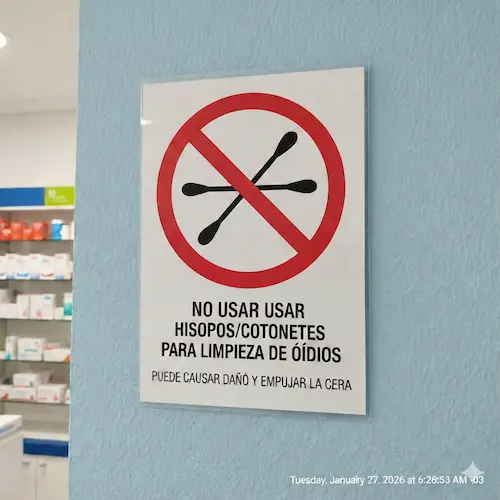 Cartel de evitar usar hisopos en el oido.