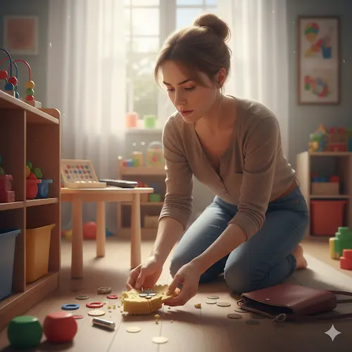 Madre en cuarto ordenando juguetes infantiles.