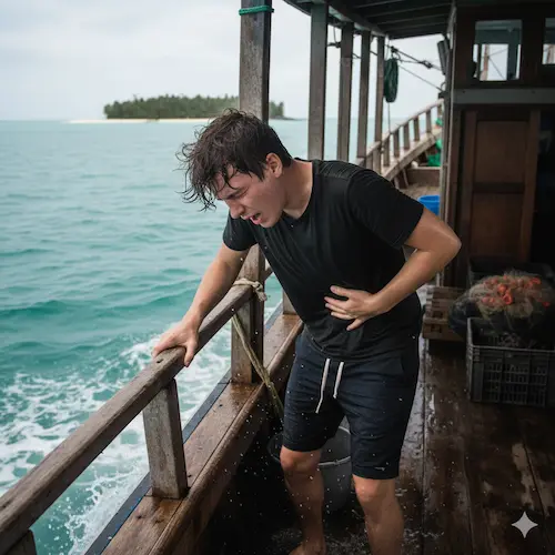 hombre mareado en una embarcacion.