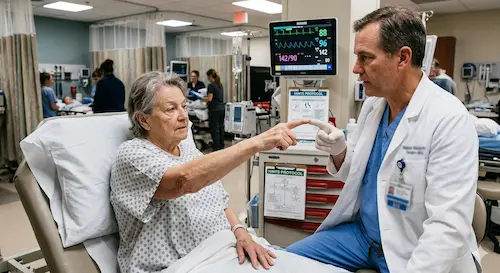 Medico efectuando pruebas neurologicas a paciente en emergencias.