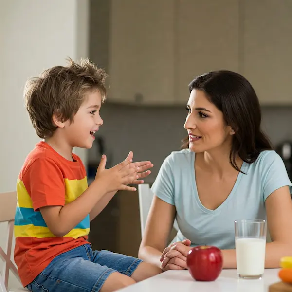 niño hablando con una mujer.