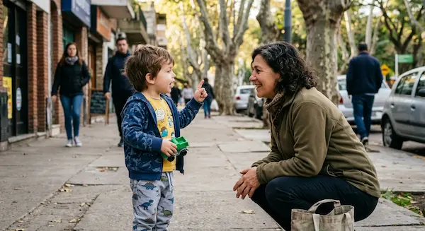 Niño hablando con adulto en la calle