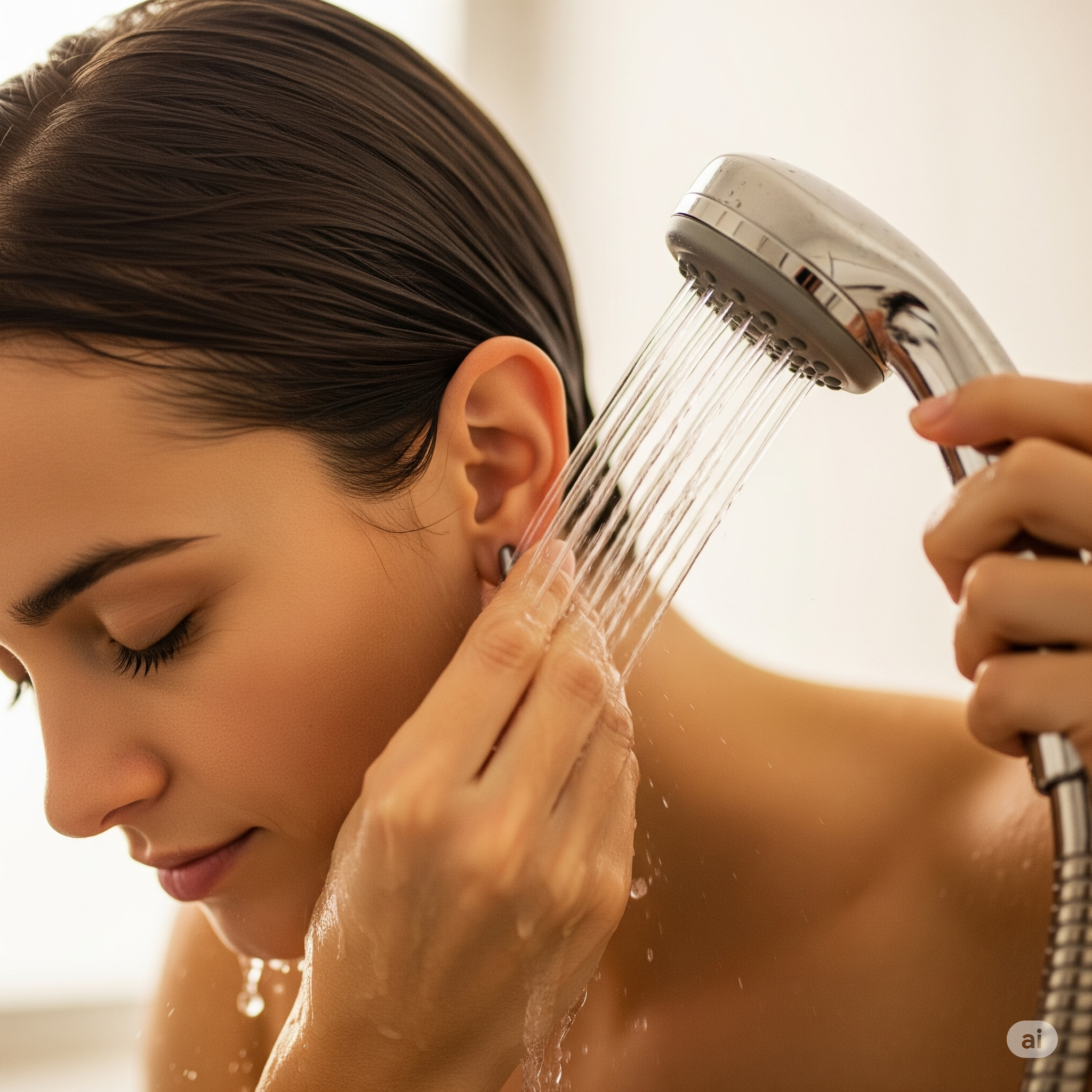 mujer limpiando su oreja con un duchador