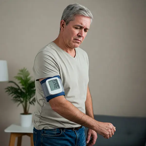 tensiómetro midiendo presión arterial en brazo de hombre de pie