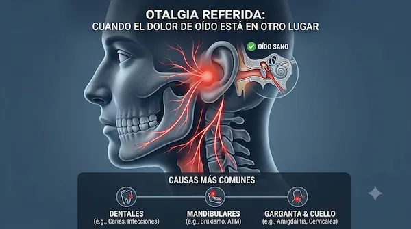 infografia sobe la otalgia referida que muestra la articulacion de la mandibula cares dentales y una otoscopia normal