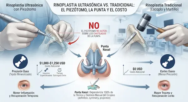 cirujano evaluando rinoplastia ultrasónica con piezótomo.