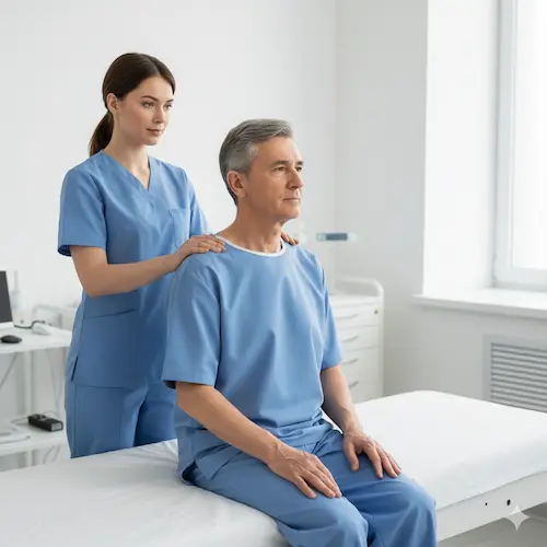 Paciente sentado en camilla con medica detras.