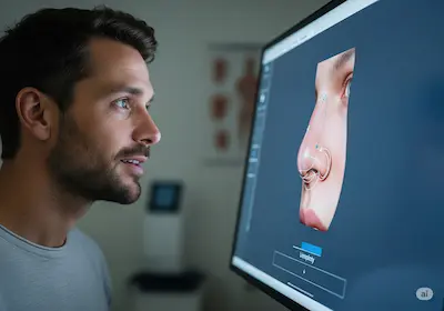 hombre haciendo una simulación de rinoplastia en una computadora.