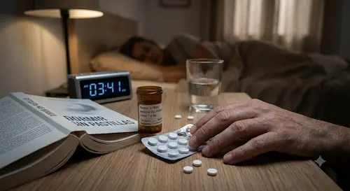 persona despierta en la oscuridad junto a pastillas para dormir sobre la mesita de noche