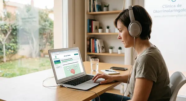 Terapia Cognitivo-Conductual para tinnitus: mujer trabajando con laptop y auriculares.
