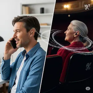 Dos personas con audifonos usando bobina telefonica.