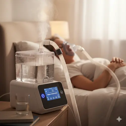 Cpap con termohumidificador siendo usado por una persona.