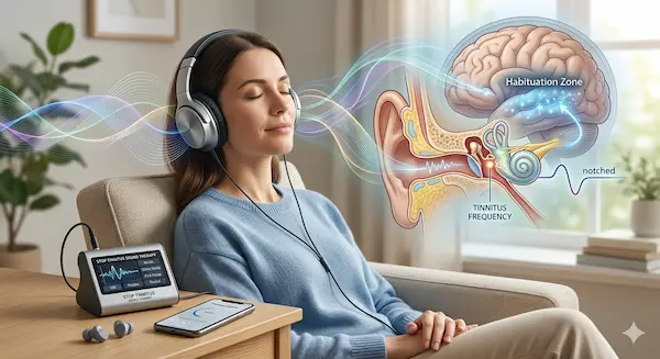 imagen de mujer sentada escuchando música con auriculares