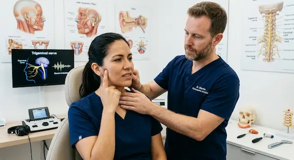 médico en el consultorio revisando la articulacion mandibular de su paciente.