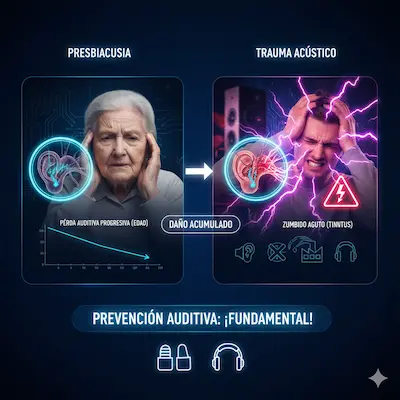 infografia sobre trauma acustico y presbiacusia.