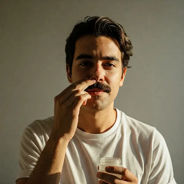 Hombre colocandose vaselina en la nariz.
